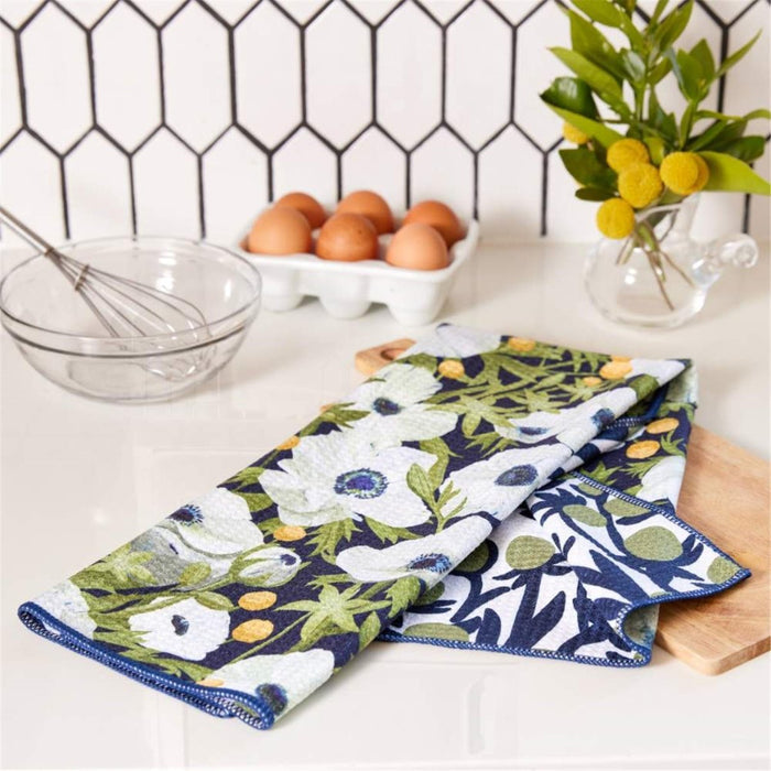 Anemone Poppy blu Kitchen Tea Towel - Double - Sided Print Kitchen Towel - rockflowerpaper