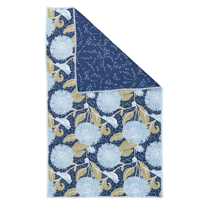 Chrysanthemum Bird blu Kitchen Tea Towel - Double - Sided Print Kitchen Towel - rockflowerpaper