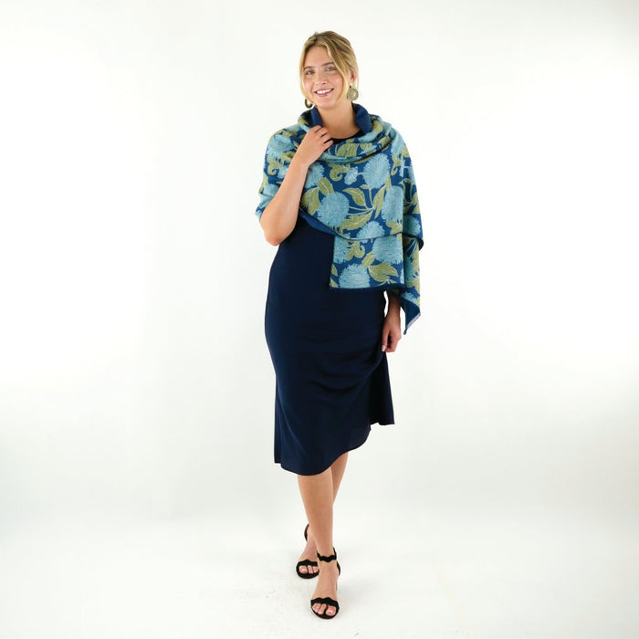 Chrysanthemum Flower Blue Reversible Wrap SCARVES-RECYCLED - Rockflowerpaper
