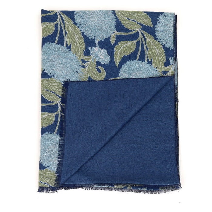 Chrysanthemum Flower Blue Reversible Wrap SCARVES-RECYCLED - Rockflowerpaper