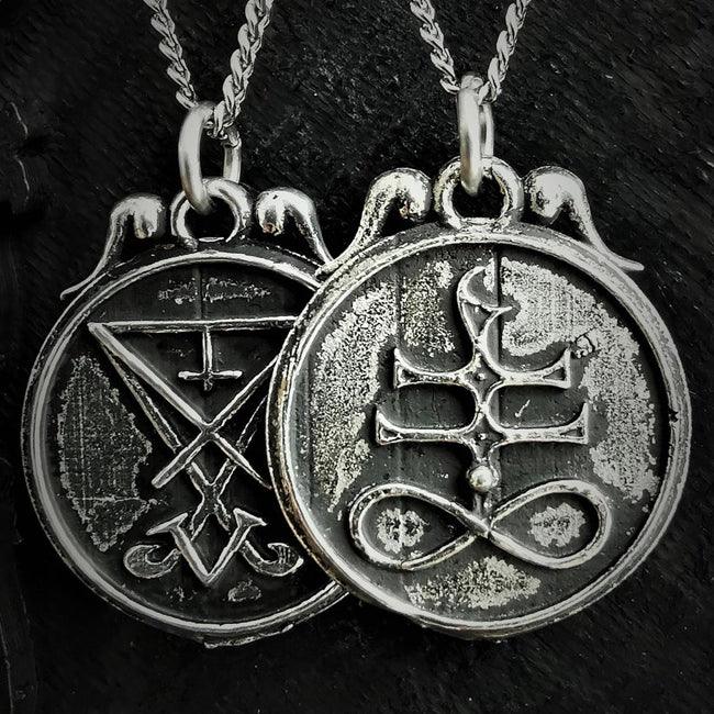 Double sided sigil of Lucifer and Satanic cross, Leviathan & Sulfur Cross Pendant - The Luciferian Apotheca