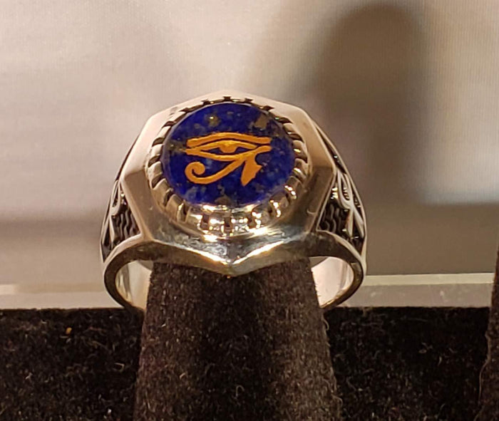 Lapis Lazuli Eye of Horus and Ankh Egyptian Sterling Silver Ring