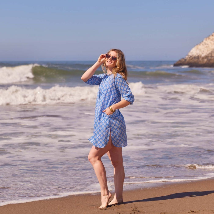 Fifer Blue Cotton Button Down Beach Tunic Swim Cover Up - Rockflowerpaper