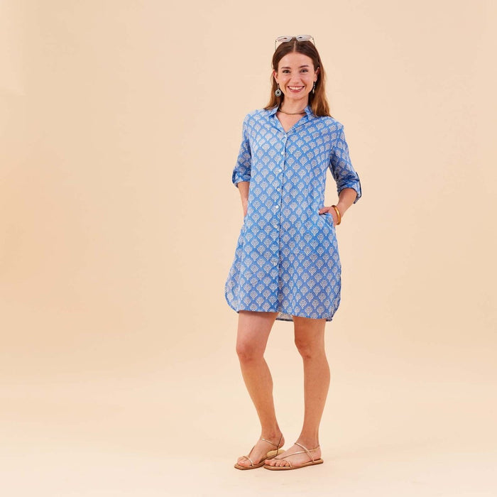 Fifer Blue Cotton Button Down Beach Tunic Swim Cover Up - Rockflowerpaper