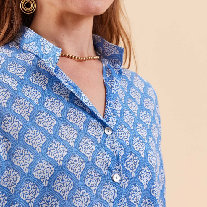 Fifer Blue Cotton Button Down Beach Tunic Swim Cover Up - Rockflowerpaper