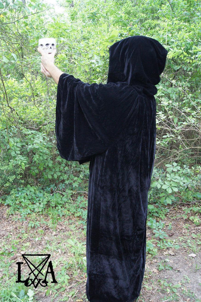 High Quality Black velvet with Black Satin Lining. Hooded Sorcerer Robe - The Luciferian Apotheca