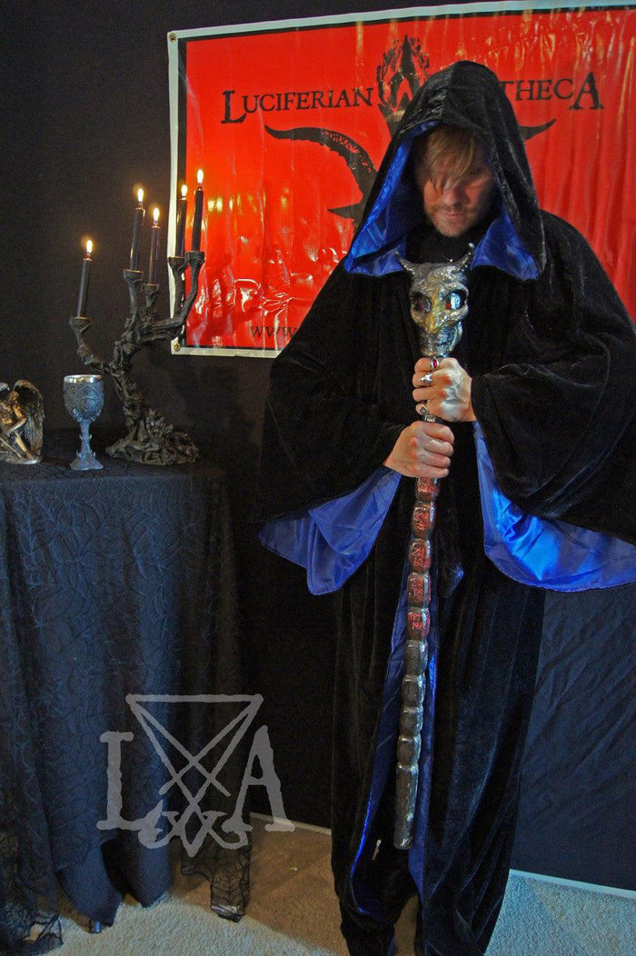 Luciferian Black Hooded Blue Satin Lined Robe