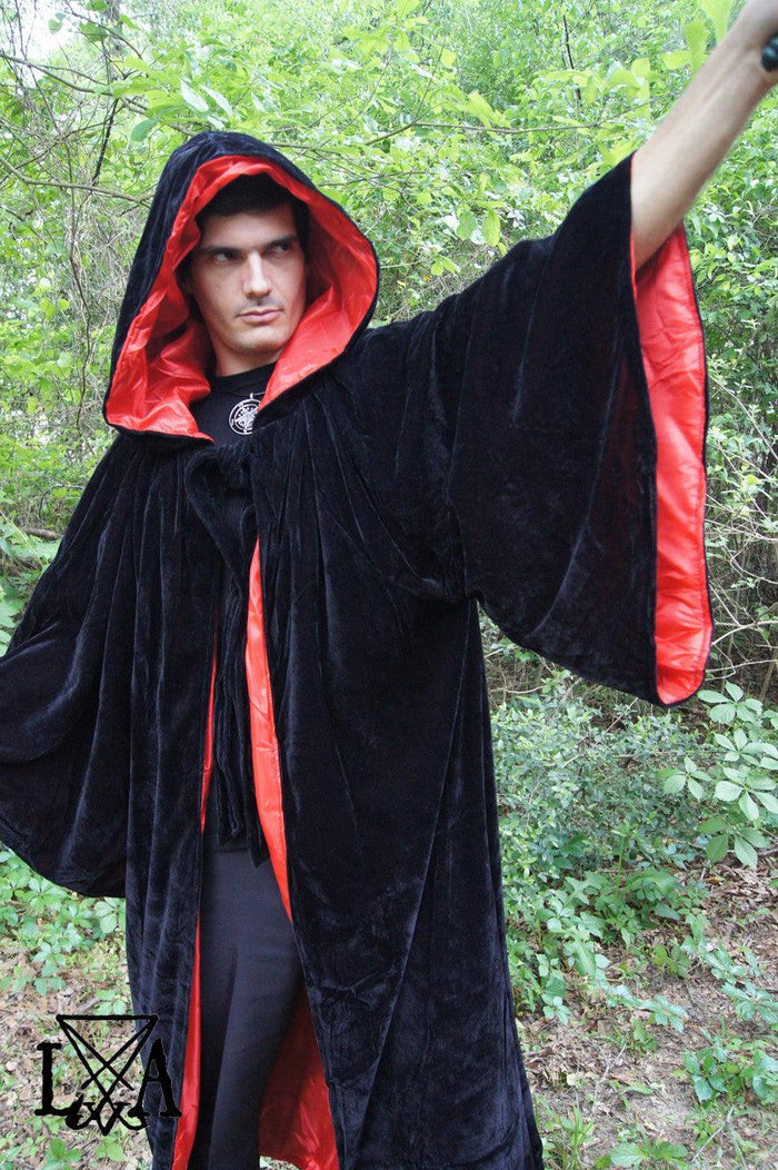 High Quality Black velvet with Red Satin Lining. Hooded Sorcerer Robe - The Luciferian Apotheca