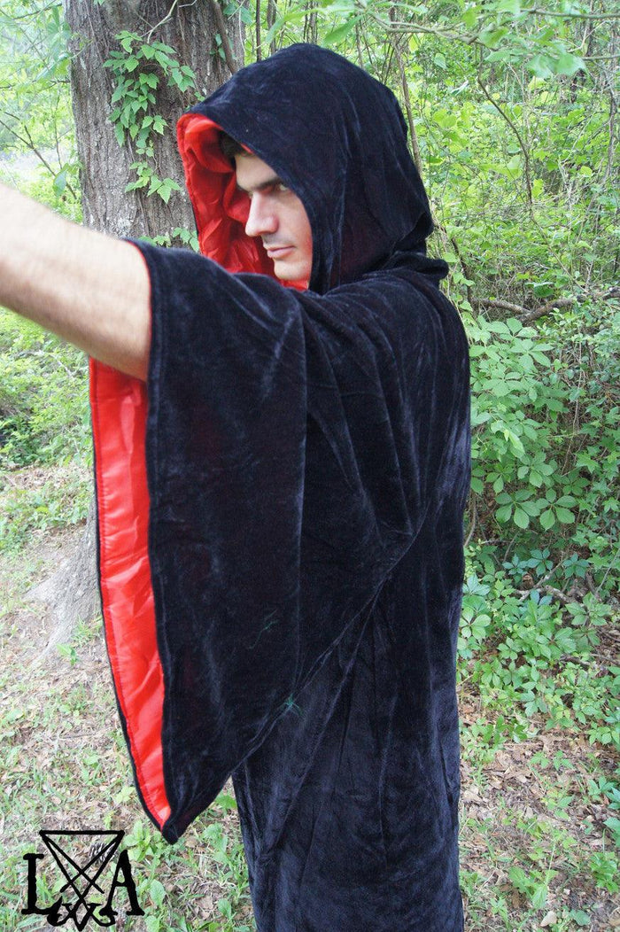 High Quality Black velvet with Red Satin Lining. Hooded Sorcerer Robe - The Luciferian Apotheca