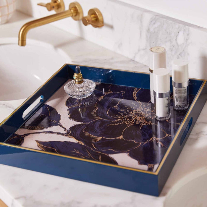 Indigo Garden 15" Square Lacquer Art Serving Tray Tray - rockflowerpaper