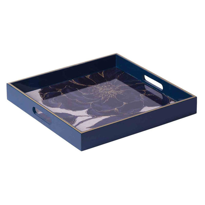 Indigo Garden 15" Square Lacquer Art Serving Tray Tray - rockflowerpaper