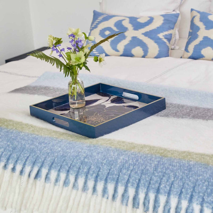 Indigo Garden 15" Square Lacquer Art Serving Tray Tray - rockflowerpaper