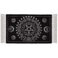 Black rug with white fringe featuring central pentagram design and various symbols on a white background