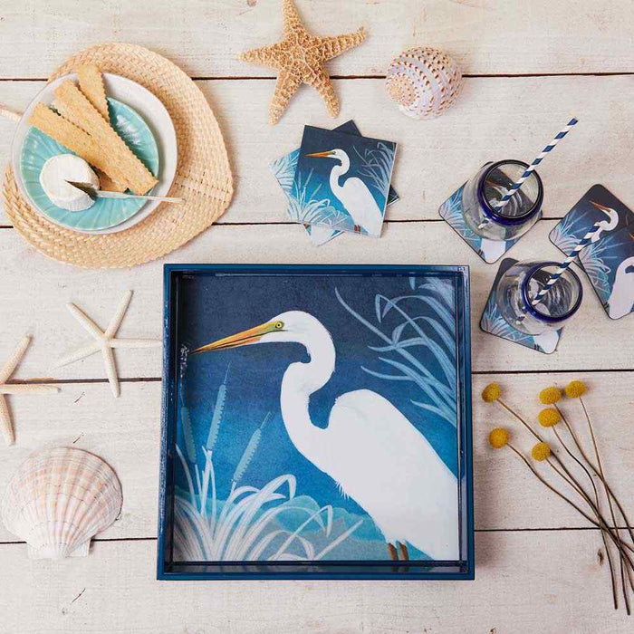 Night Egret 15" Square Lacquer Art Serving Tray Tray - rockflowerpaper