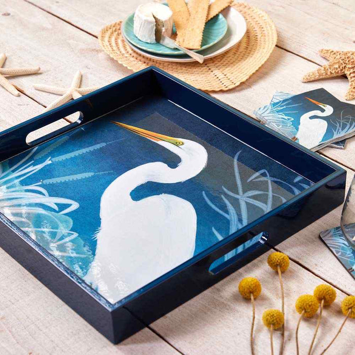 Night Egret 15" Square Lacquer Art Serving Tray Tray - rockflowerpaper