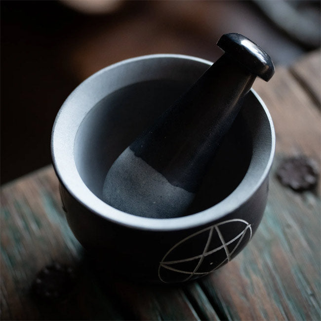 Pentacle Carved Mortar & Pestle Black Stone 4"W 3"H