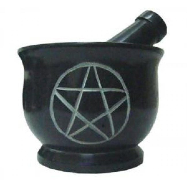 Pentacle Carved Mortar & Pestle Black Stone 4"W 3"H