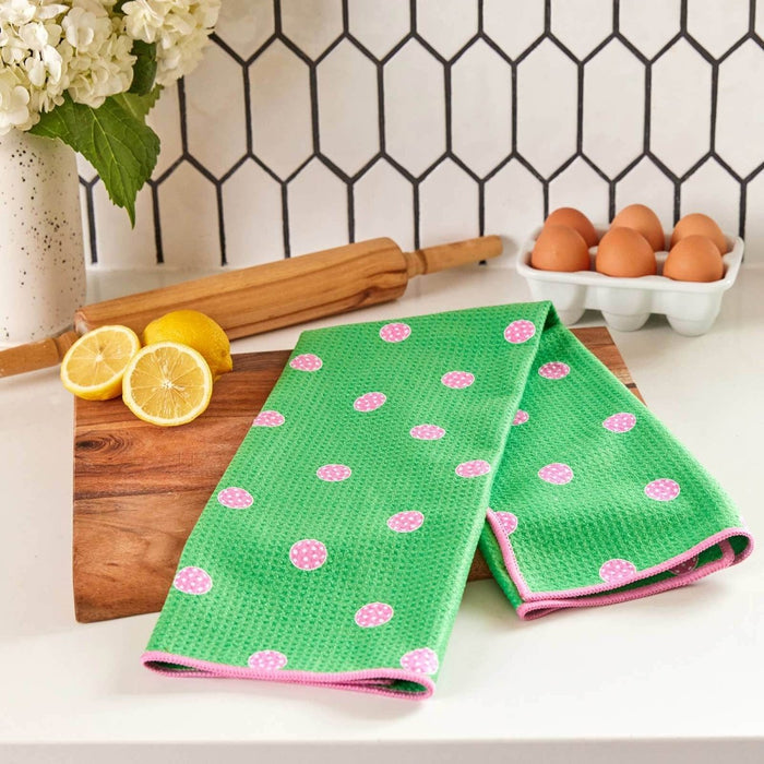 Pink and Green Polka Dots Eco Kitchen Tea Towel Tea Towel - Rockflowerpaper