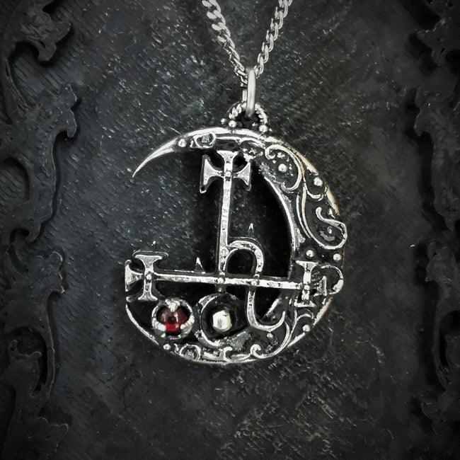 Sigil of Lilith pendant w/ Crescent Moon and Red Abalone Stone - The Luciferian Apotheca