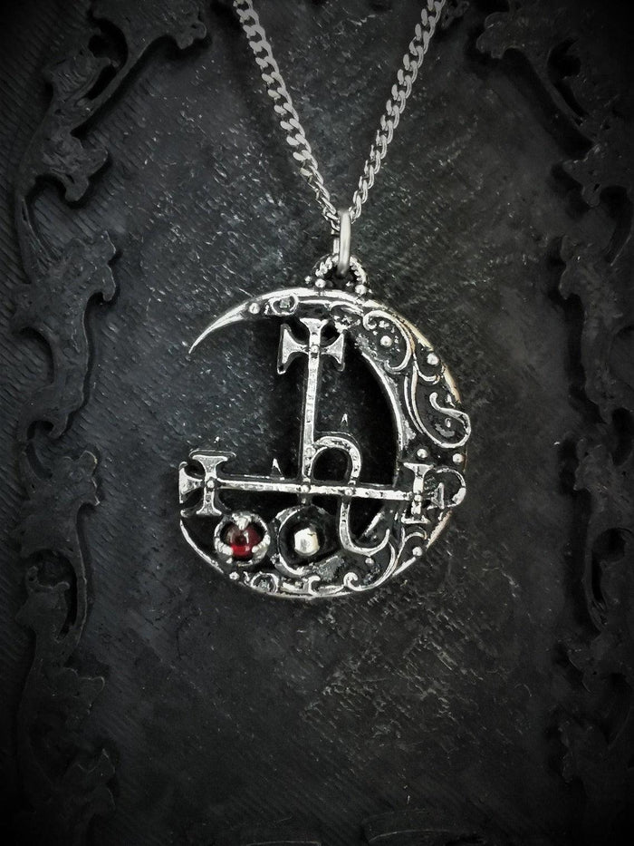 Sigil of Lilith pendant w/ Crescent Moon and Red Abalone Stone - The Luciferian Apotheca