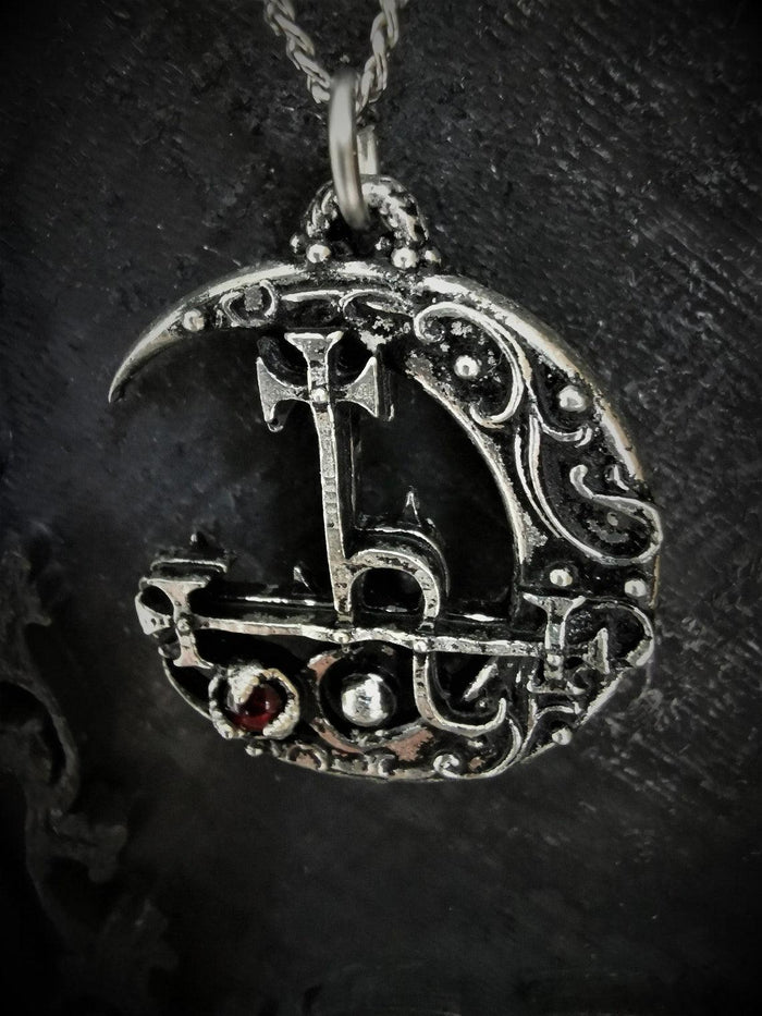 Sigil of Lilith pendant w/ Crescent Moon and Red Abalone Stone - The Luciferian Apotheca