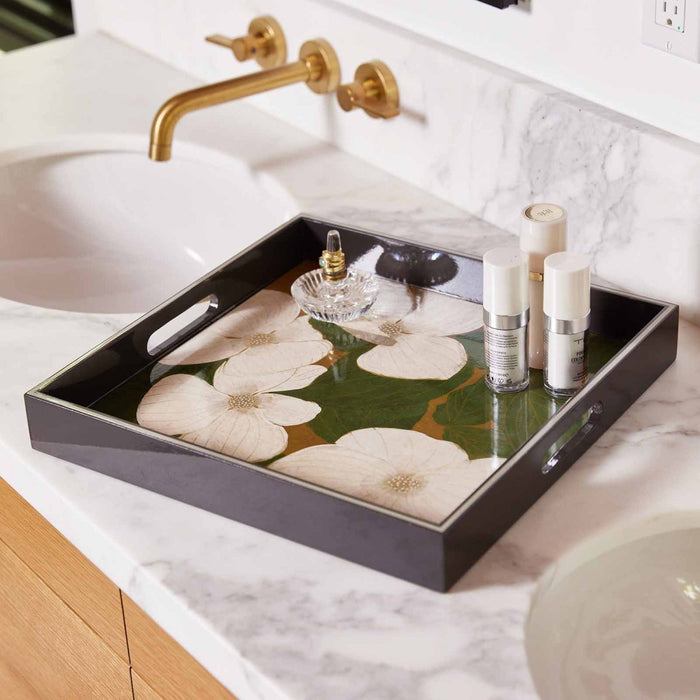 White Dogwood 15" Square Lacquer Art Serving Tray Tray - rockflowerpaper