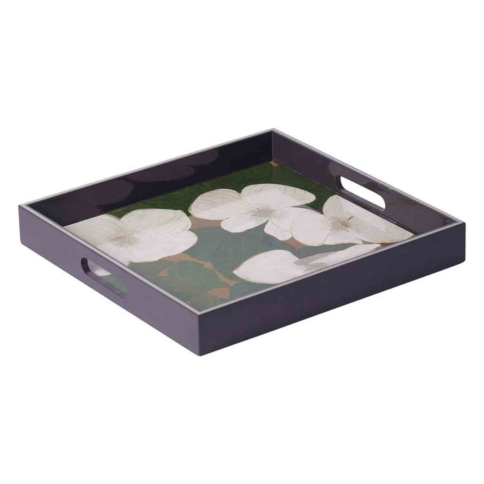 White Dogwood 15" Square Lacquer Art Serving Tray Tray - rockflowerpaper