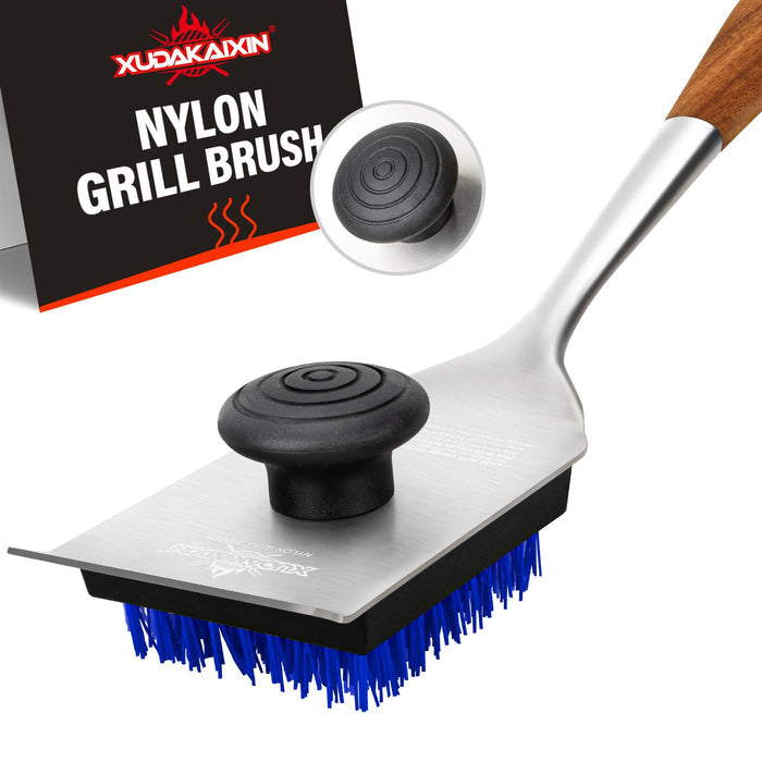 XUDAKAIXIN Grill Brush and Scraper, Dual Grip Design,Extra Strong BBQ Cleaner Accessories,Safe Nylon Bristles Barbecue Triple Scrubbers Cleaning Brush for Cast Iron Grates/Porcelain/Charcoal Grill